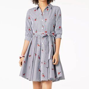 BETSEY JOHNSON  Embroidered Striped Belted Shirtdress Size 12